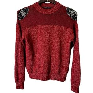 Guess Pullover Crewneck Sweater Red Black Sequins Beaded Floral Shoulders Sz M